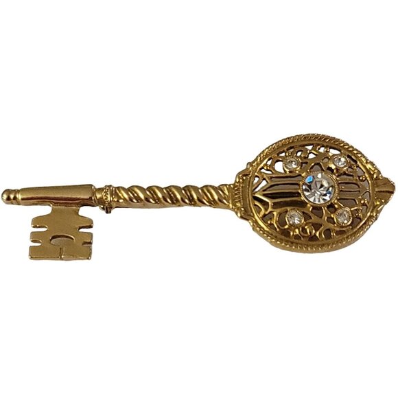 1928 Brand Gold Tone Clear Rhinestone Skeleton Key Brooch Pin K541 - Picture 10 of 10